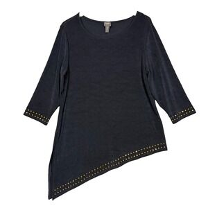Chicos Travelers Shirt Womens 2 12‎ Blue Asymmetrical Hem Gold Gems Slinky Knit